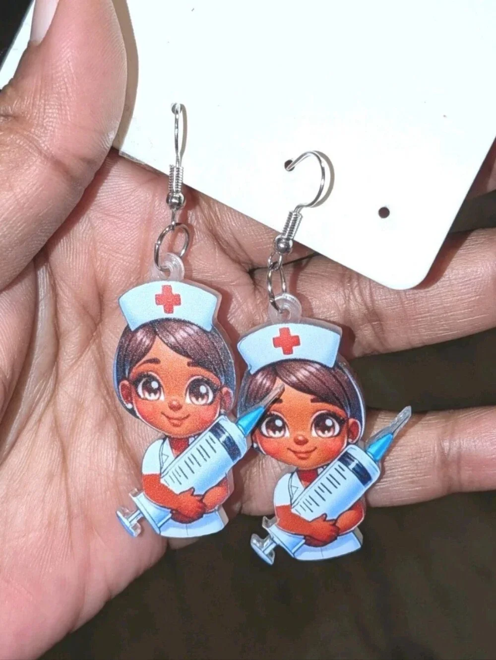 Hand Crafted Cute Nurse Acrylic Dangle Earrings - Brown Skin, White & Red